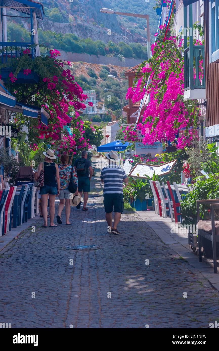 Kalkan, Antalya, Turkey - July 6, 2022: Colorful street view, tourists walking on the streets Stock Photo