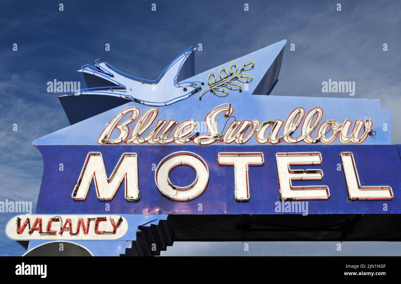 The neon sign for the Blue Swallow Motel, a Route 66 landmark built in 1939 in Tucumcari, New Mexico. Stock Photo
