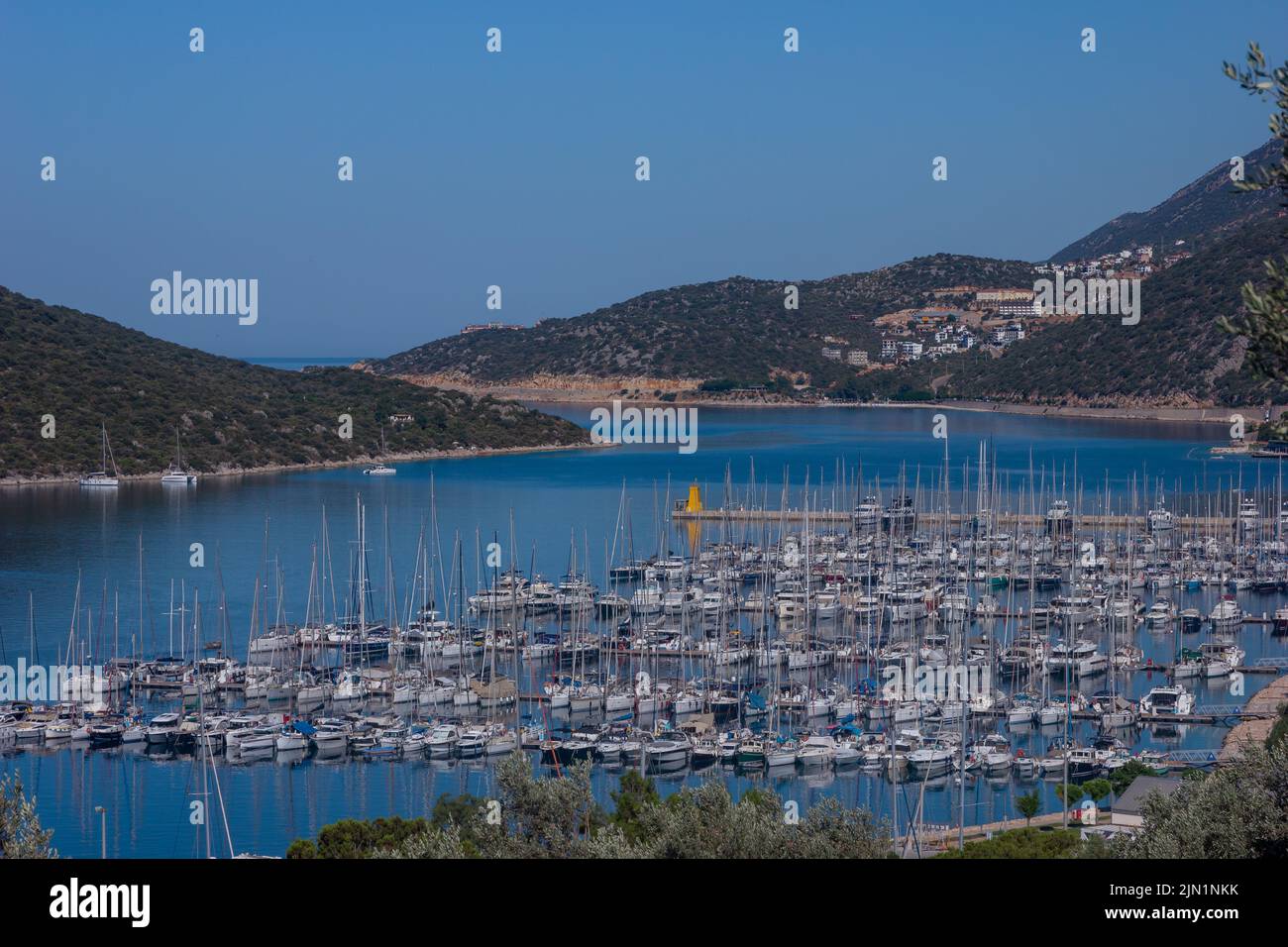Kas, Antalya, Turkey - July 4, 2022:  luxury boats and yachts in the harbor, aerial view of the yacht marina Stock Photo