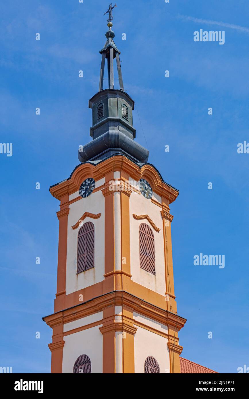 Clock Tower at Orthodox Church Presentation Most Holy Mother of God in Golubinci Stock Photo