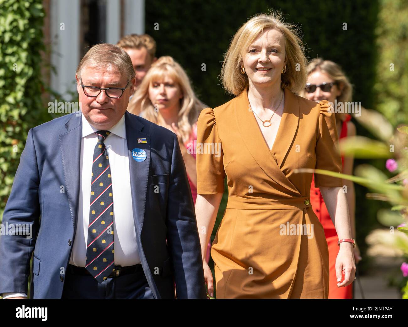 Brentwood, UK. 08th Aug, 2022. Brentwood Essex 8th Aug. 2022 Mark Francois MP (left) and Liz Truss, Foreign Secretary, attends a conservative party members rally in support of her bid for leader of the Conservative Party at Hutton Hall, Brentwood Essex Credit: Ian Davidson/Alamy Live News Stock Photo