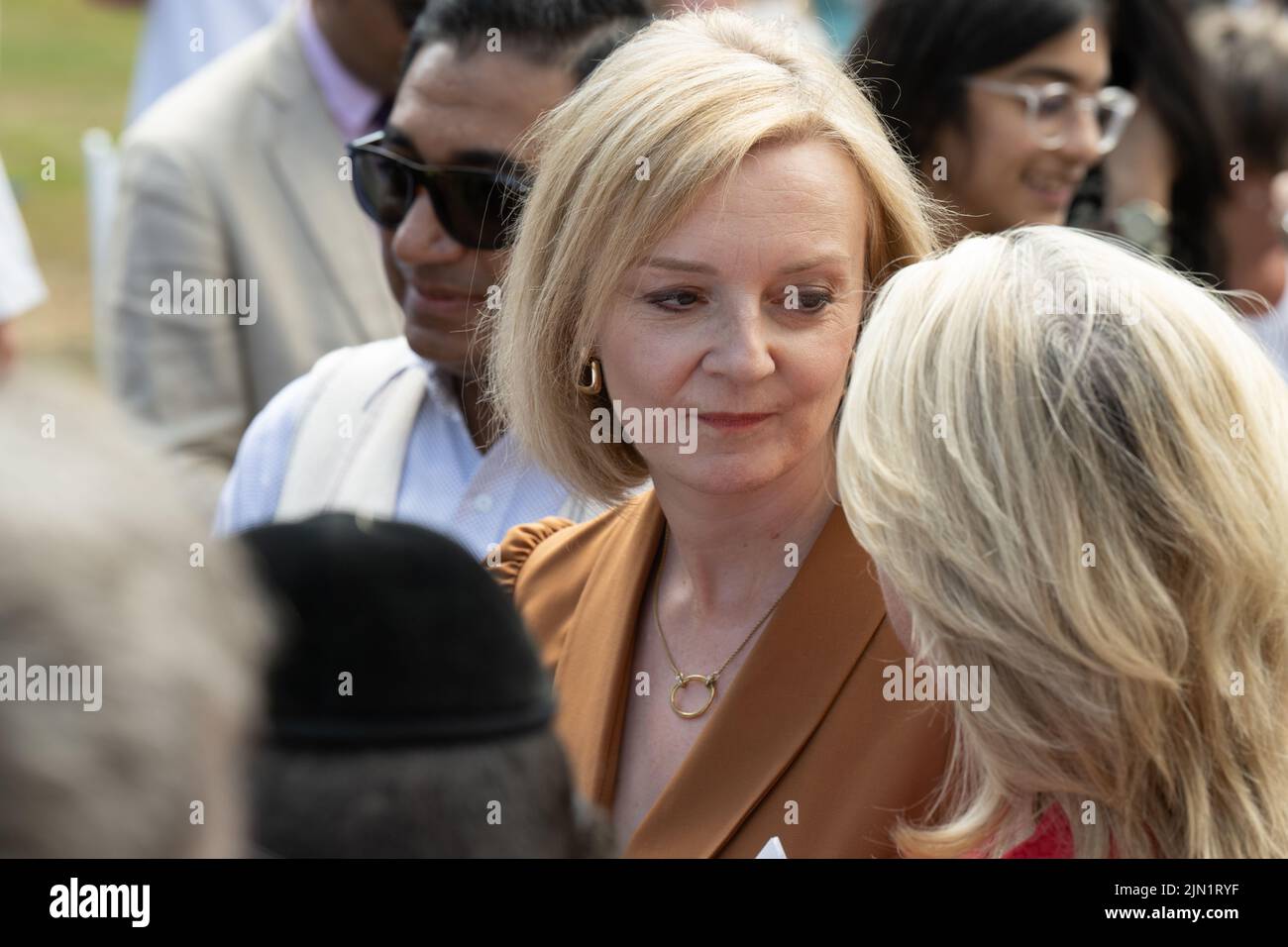 Brentwood, UK. 08th Aug, 2022. Brentwood Essex 8th Aug. 2022 Liz Truss, Foreign Secretary, attends a conservative party members rally in support of her bid for leader of the Conservative Party at Hutton Hall, Brentwood Essex Credit: Ian Davidson/Alamy Live News Stock Photo