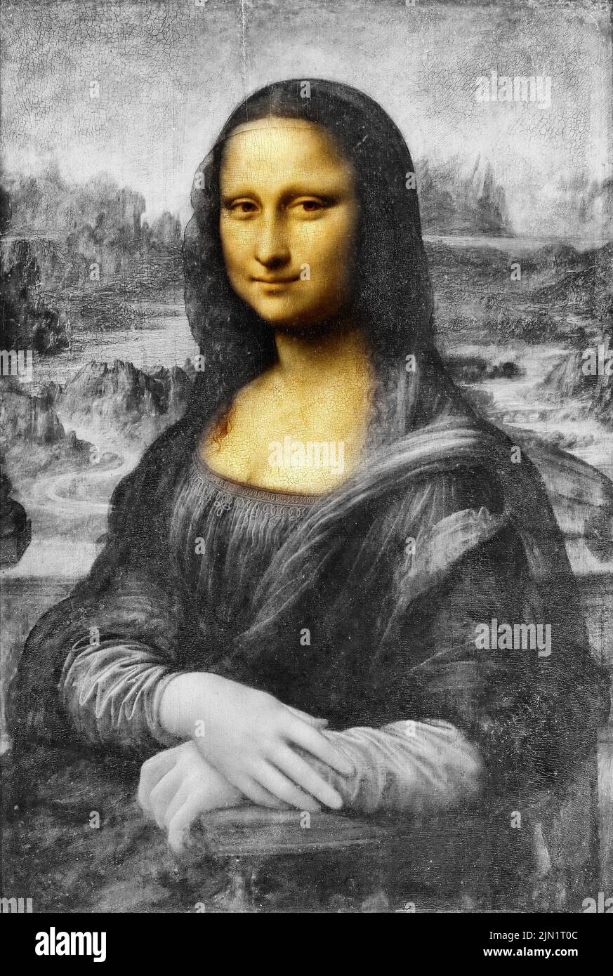 Mona Lisa in black and white and face in color Stock Photo