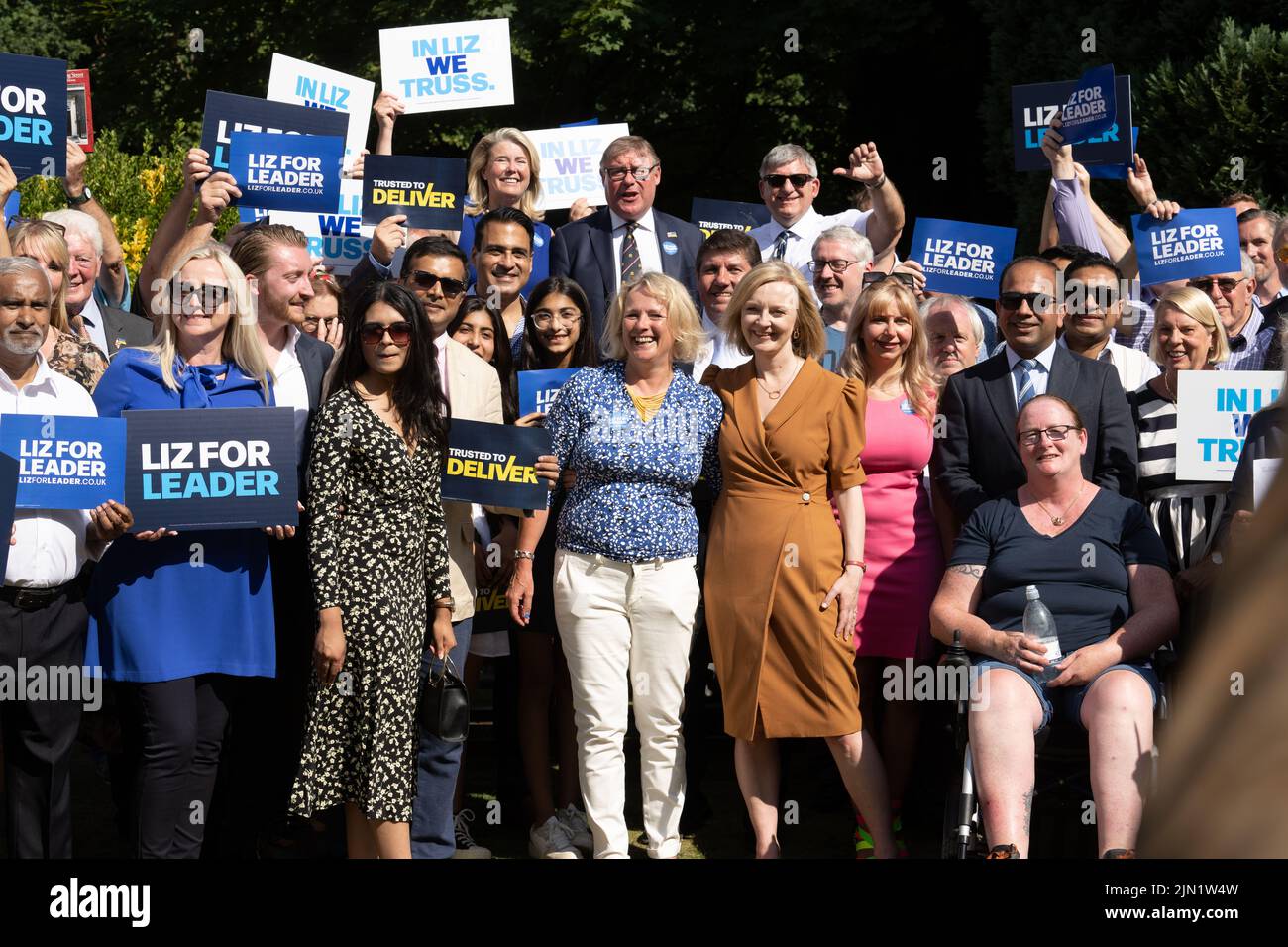 Brentwood, UK. 08th Aug, 2022. Brentwood Essex 8th Aug. 2022 Liz Truss, Foreign Secretary, attends a conservative party members rally in support of her bid for leader of the Conservative Party at Hutton Hall, Brentwood Essex Credit: Ian Davidson/Alamy Live News Stock Photo