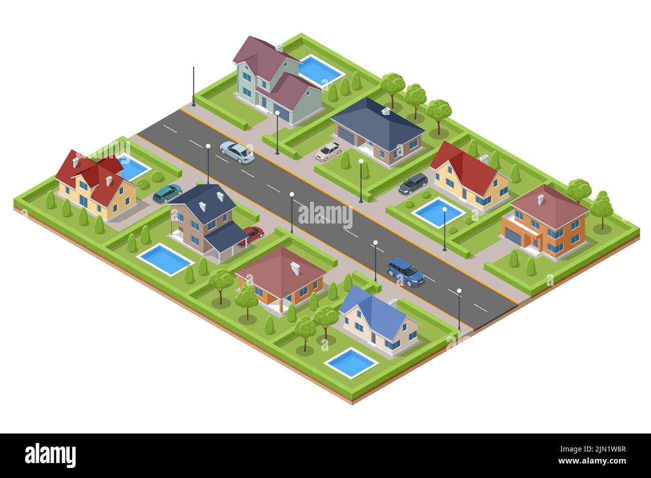 Isometric own street with private houses, gardens, cars. Modern house with terrace and pool. Suburban and village houses, homes. Stock Vector
