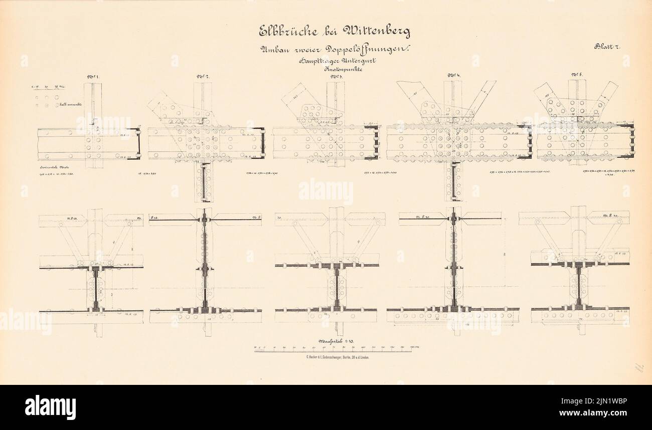 N.N., Elbbrücke, Wittenberg (without dat.): Conversion of two double openings: Knote points main beam under belt 1:10. Lithograph on paper, 39.5 x 66.8 cm (including scan edges) N.N. : Elbbrücke, Wittenberg. Umbau Stock Photo