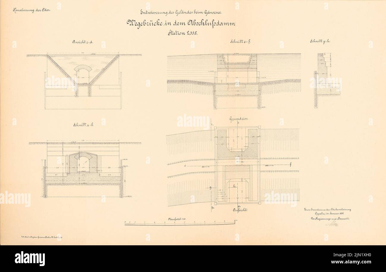 N.N., Canalization of the Oder. Drainage of the area at the Gänsee: Wegenbücke into the final dam in Stat. 2.335: View, supervision, floor plan, cuts 1:50. Lithograph on paper, 48.9 x 76.8 cm (including scan edges) N.N. : Kanalisierung der Oder. Entwässerung des Geländes beim Gänsesee Stock Photo