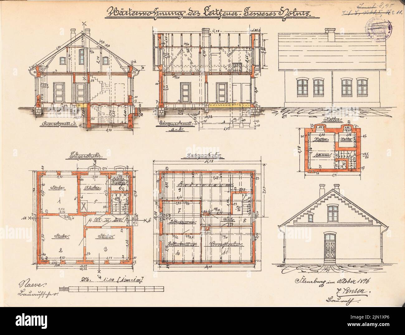 N.N., leading fire building, Holnis: WORTERHAUS: views, floor plans, cuts 1: 100. Lithograph colored on paper, 32.6 x 43 cm (including scan edges) N.N. : Leitfeuergebäude, Holnis Stock Photo