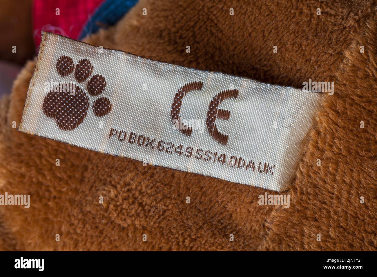 CE mark marking logo symbol on label on Posh Paws soft cuddly toy Stock
