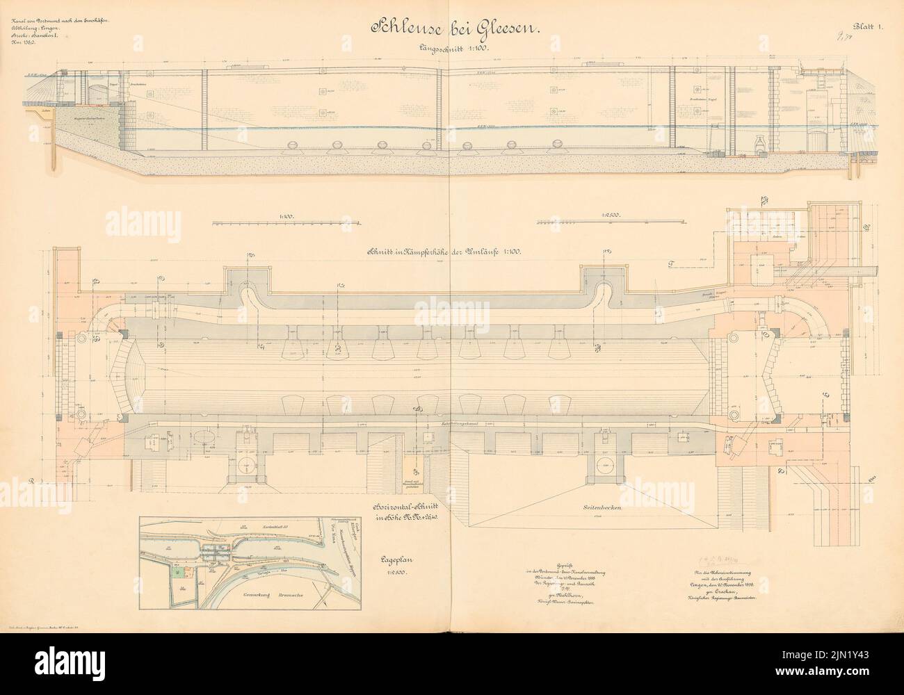 N.N., Dortmund-Ems-Canal. Schleuse, Gleesen: site plan 1: 2500, supervision, cuts 1: 100. Lithograph colored on paper, 68.9 x 98.3 cm (including scan edges) N.N. : Dortmund-Ems-Kanal. Schleuse, Gleesen Stock Photo