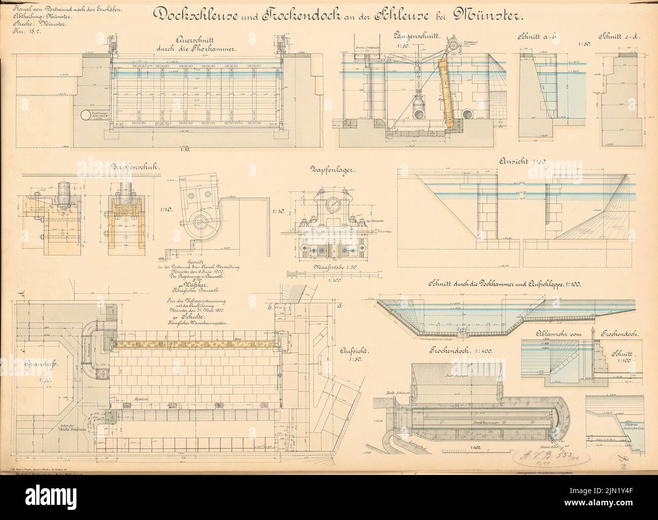 N.N., Dortmund-Ems-Canal. Dock lock and dry skirt on the lock, Münster: supervision, cuts, details 1: 400, 1: 100, 1:50. Lithograph colored on paper, 51 x 70.7 cm (including scan edges) N.N. : Dortmund-Ems-Kanal. Dockschleuse und Trockendrock an der Schleuse, Münster Stock Photo