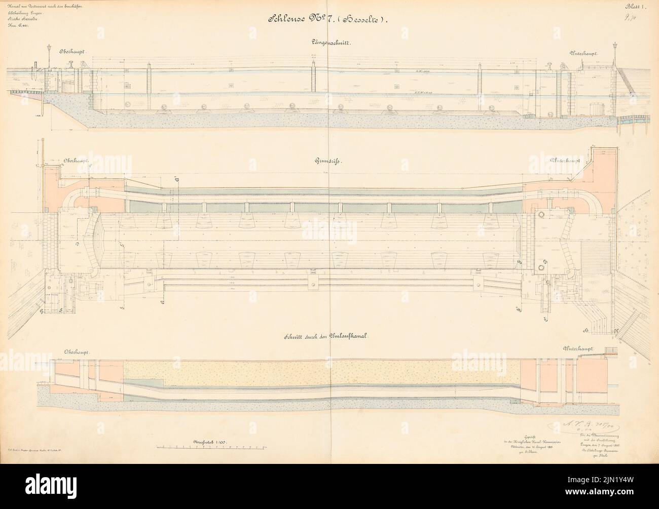 N.N., Dortmund-Ems-Canal. Schleuse, Hesselte: floor plan, cuts 1: 100. Lithograph colored on paper, 69.7 x 98.9 cm (including scan edges) N.N. : Dortmund-Ems-Kanal. Schleuse, Hesselte Stock Photo