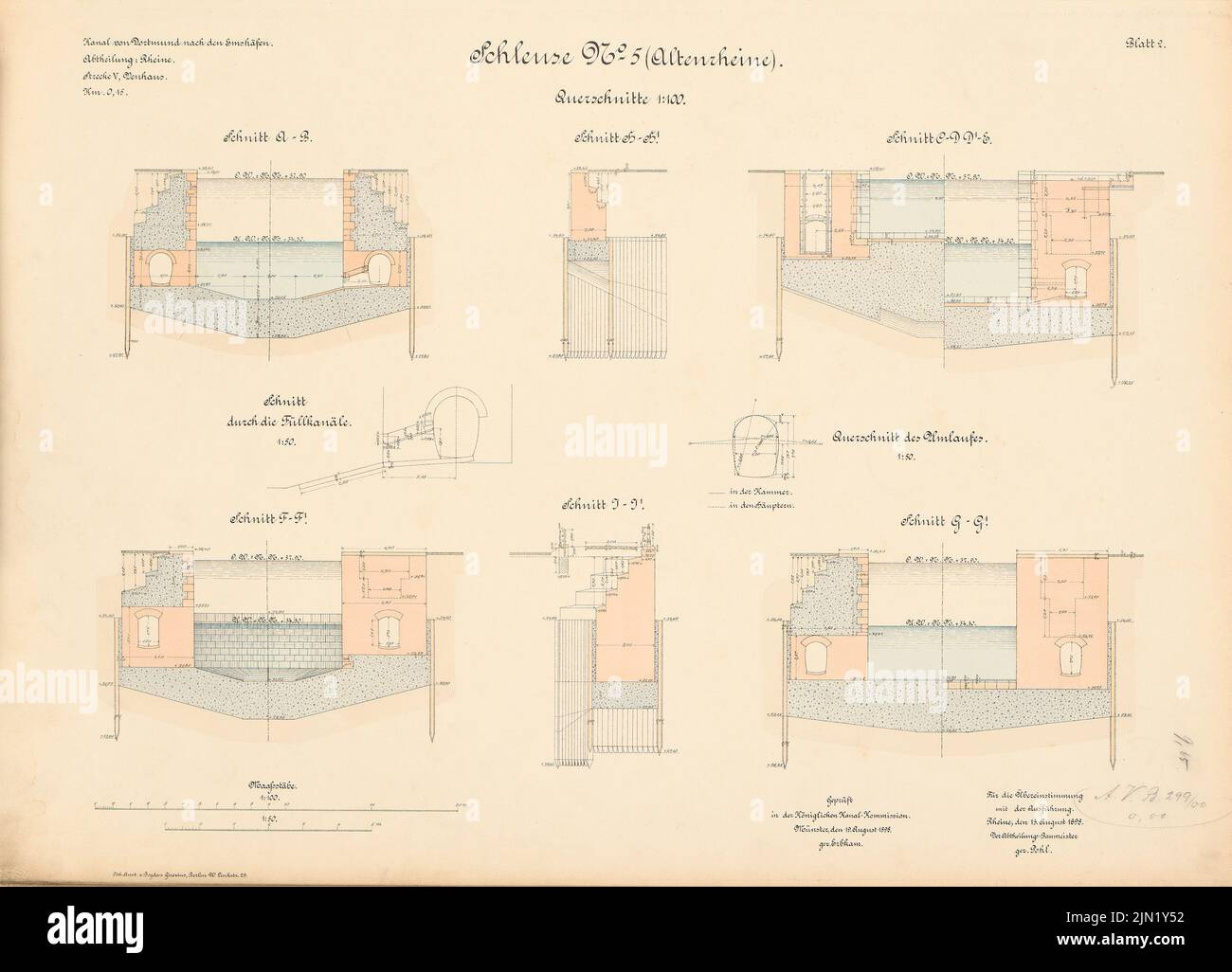 N.N., Dortmund-Ems-Canal. Schleuse, Altenrheine: cuts 1: 100, 1:50. Lithograph colored on paper, 50 x 69.4 cm (including scan edges) N.N. : Dortmund-Ems-Kanal. Schleuse, Altenrheine Stock Photo