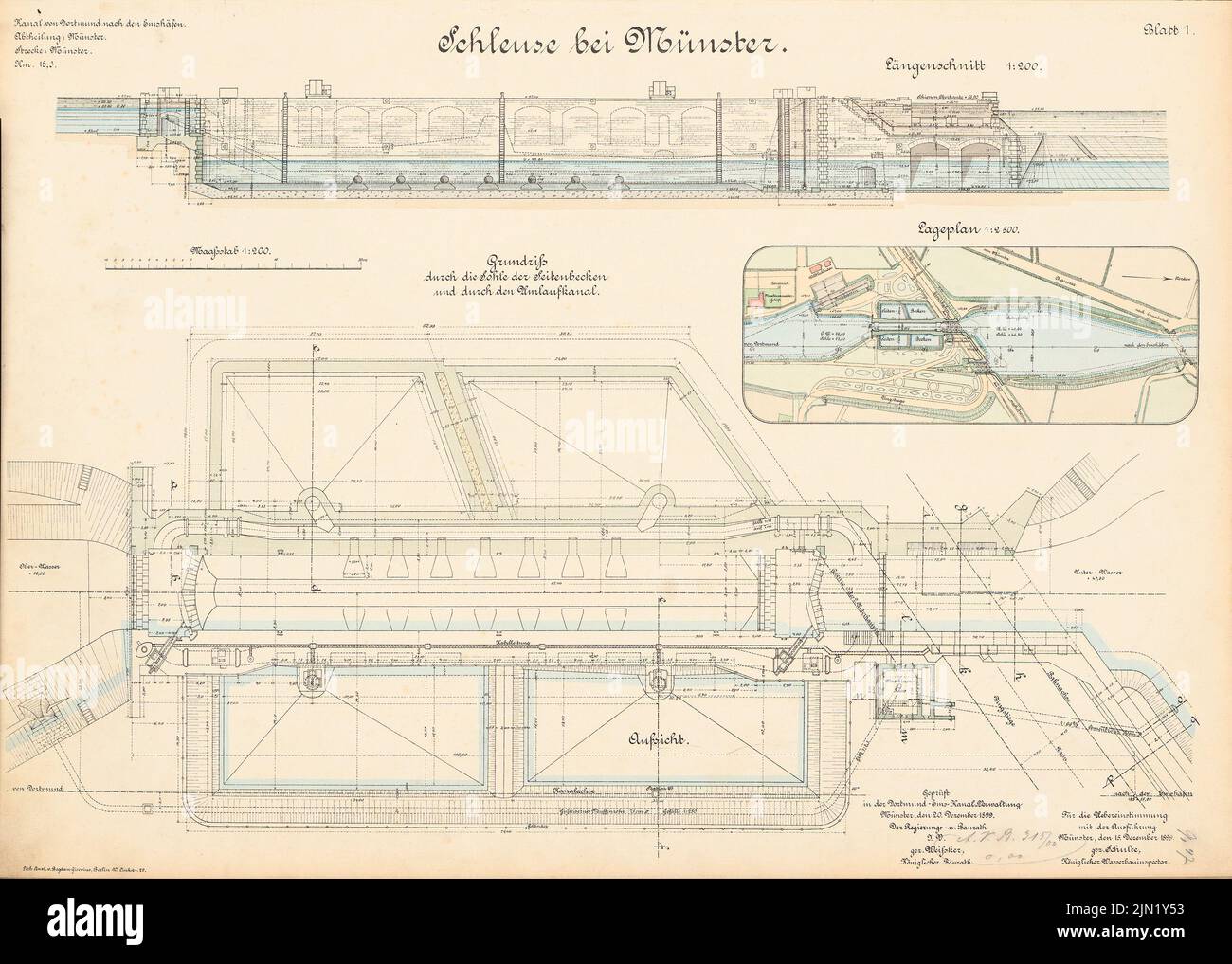 N.N., Dortmund-Ems-Canal. Schleuse, Münster: site plan 1: 2500, supervision, floor plan, cut 1: 200. Lithograph colored on paper, 50.1 x 70.3 cm (including scan edges) N.N. : Dortmund-Ems-Kanal. Schleuse, Münster Stock Photo