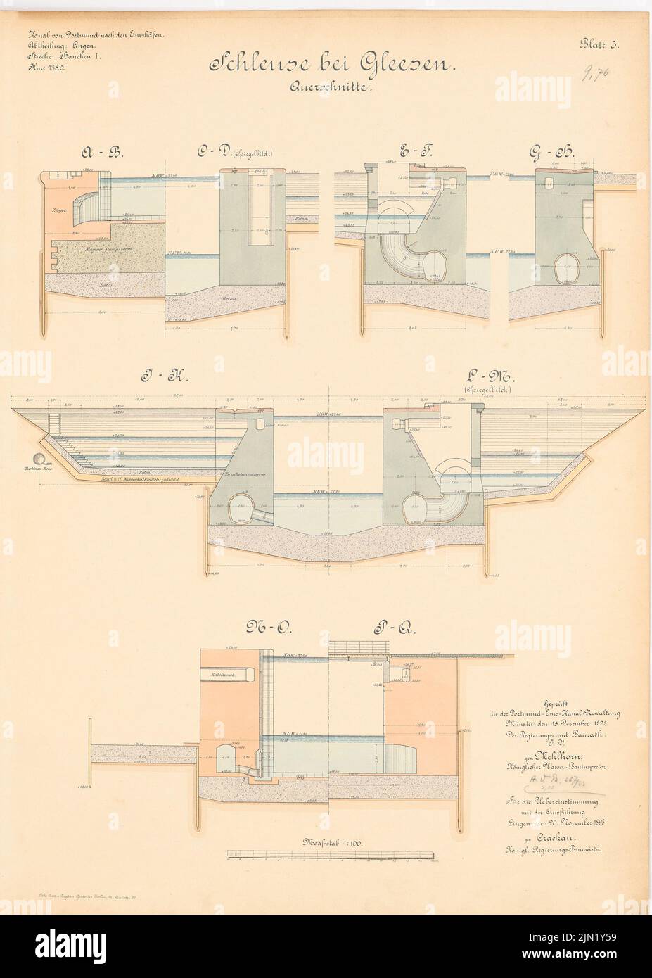 N.N., Dortmund-Ems-Canal. Schleuse, Gleesen: cross -sections 1: 100. Lithograph colored on paper, 70.4 x 50.2 cm (including scan edges) N.N. : Dortmund-Ems-Kanal. Schleuse, Gleesen Stock Photo