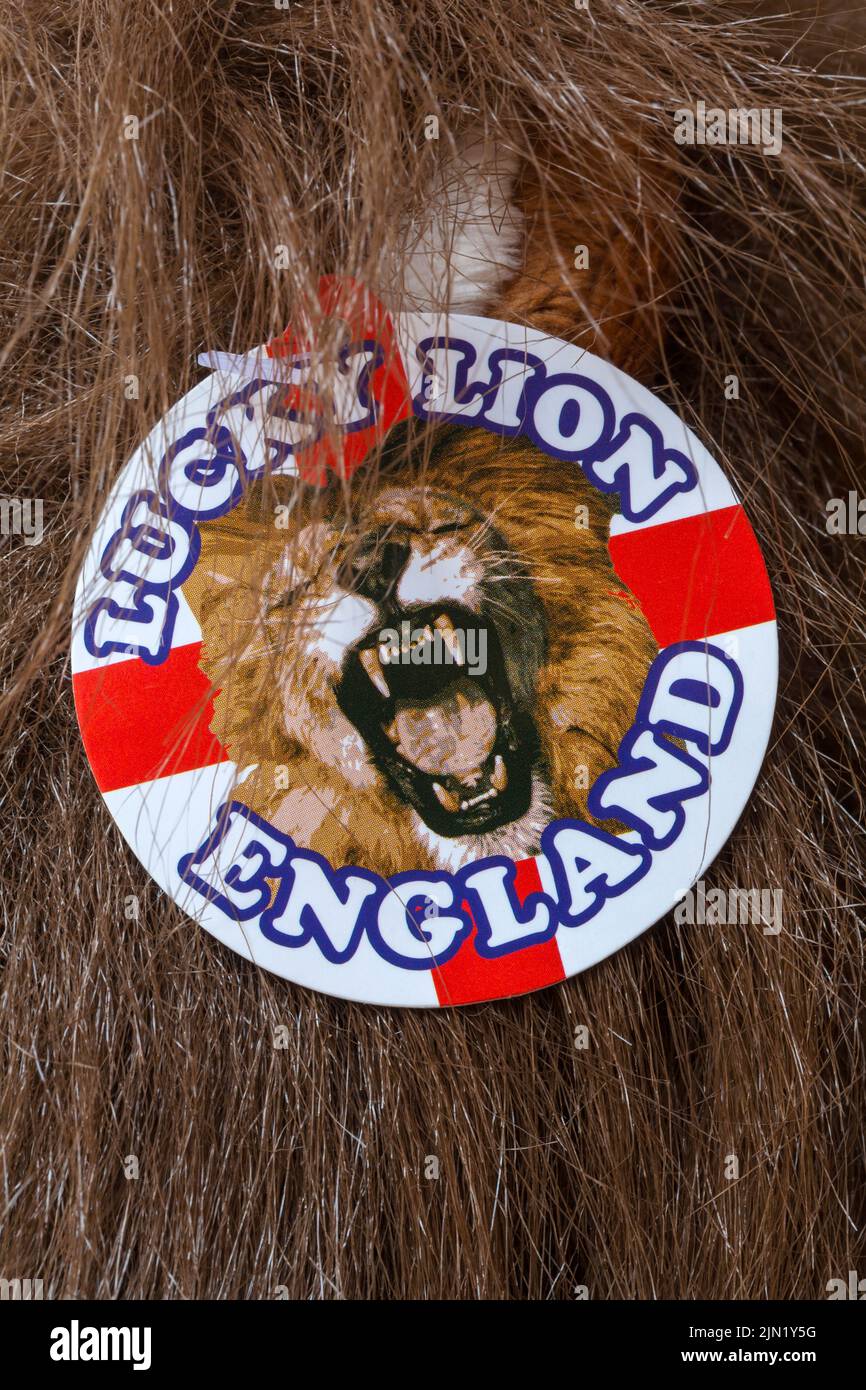 Lucky Lion England label tag on Posh Paws soft cuddly toy Stock Photo