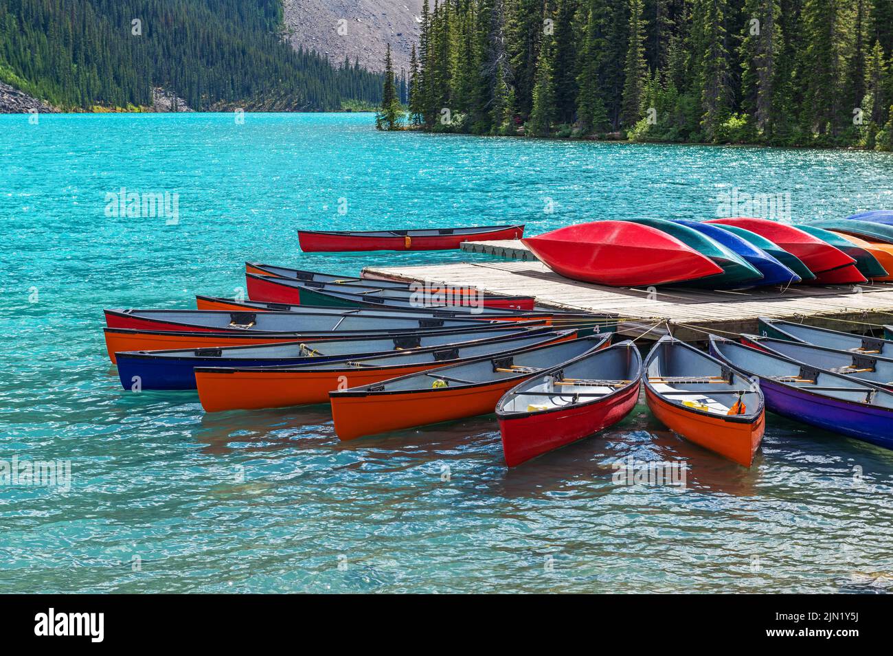 Kayaks for rent on Moraine Lake, Banff national park, Alberta, Canada. Stock Photo