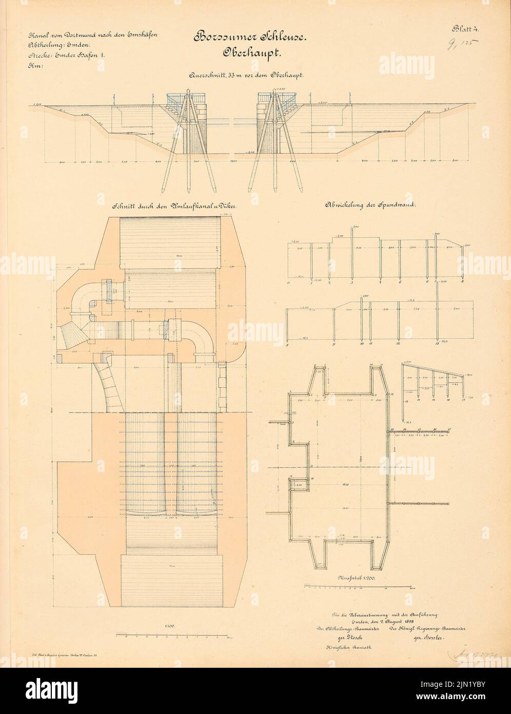 N.N., Dortmund-Ems-Canal. Schleuse, Borssum: Head: Processing of the sheet pile wall 1: 200, cuts 1: 100. Lithograph colored on paper, 66.1 x 50.7 cm (including scan edges) N.N. : Dortmund-Ems-Kanal. Schleuse, Borssum Stock Photo