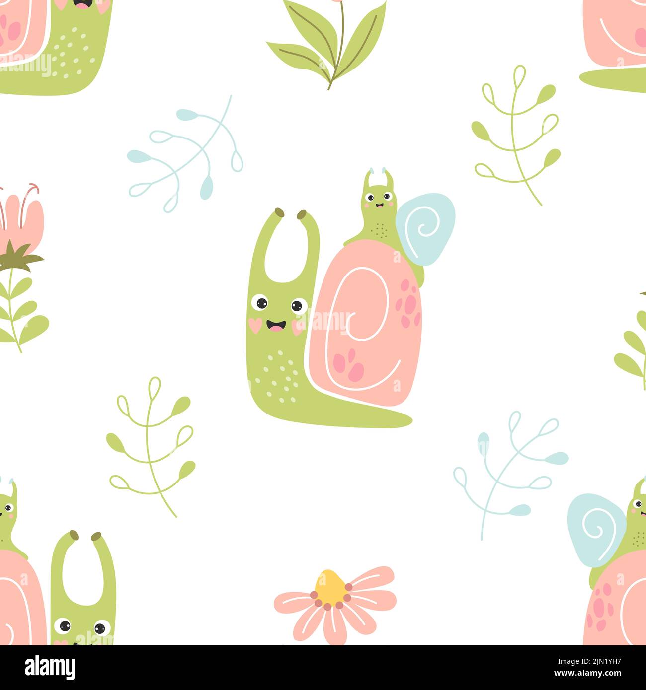 Seamless pattern with cute snails. Snail mother with baby on shell ...