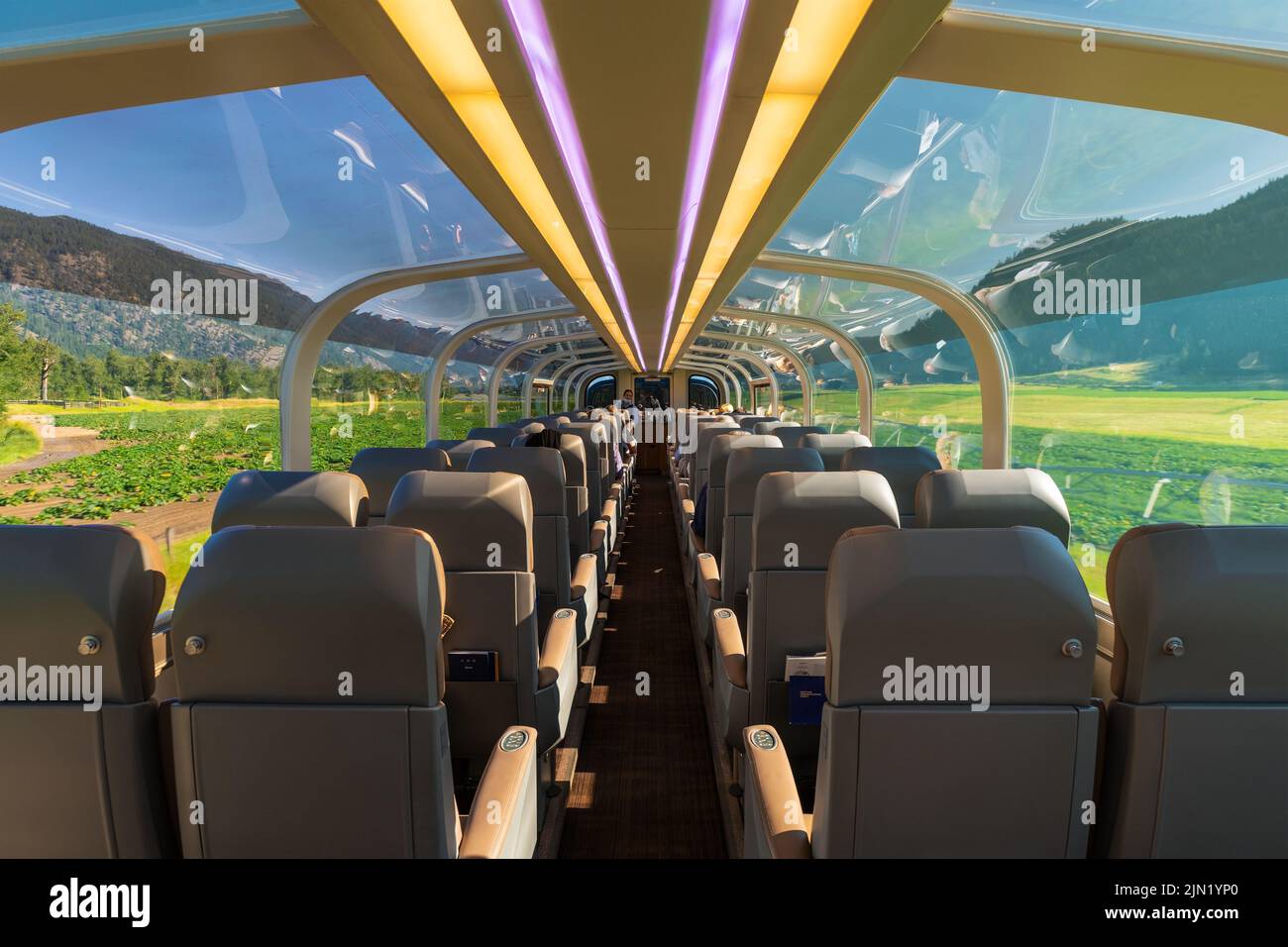 Interior of the gold leaf Rocky Mountaineer train wagon riding through British Columbia, Canada. Stock Photo