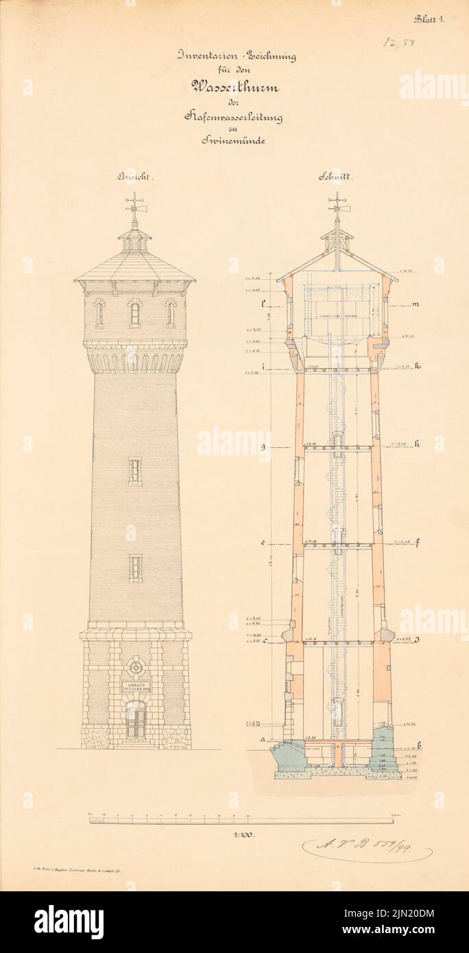 N.N., water tower, Swinemünde: view, cut 1: 100. Lithograph colored on paper, 61.5 x 32.4 cm (including scan edges) N.N. : Wasserturm, Swinemünde Stock Photo