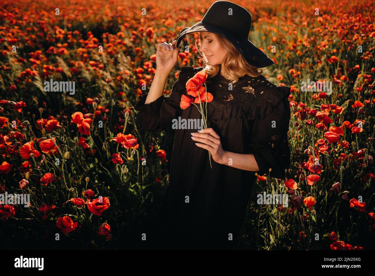 a girl in a black dress and hat on a poppy field at sunset Stock Photo ...
