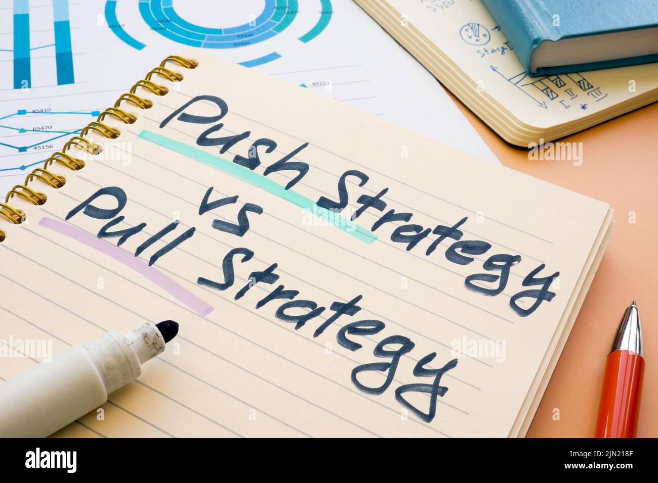 Push strategy vs pull strategy phrase in the notebook. Stock Photo