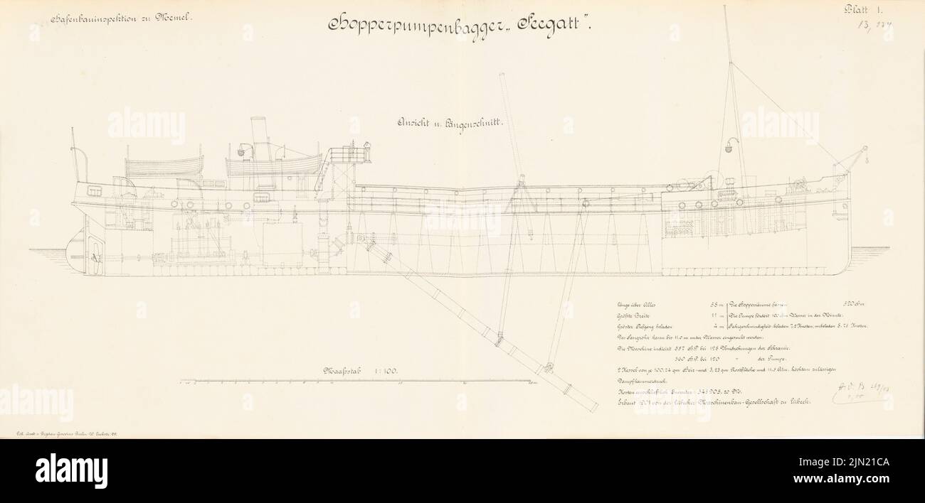 N.N., Hopper pump excavator »Seegatt«: average 1: 100. Lithograph on paper, 31.7 x 66.6 cm (including scan edges) N.N. : Hopperpumpenbagger »Seegatt« Stock Photo