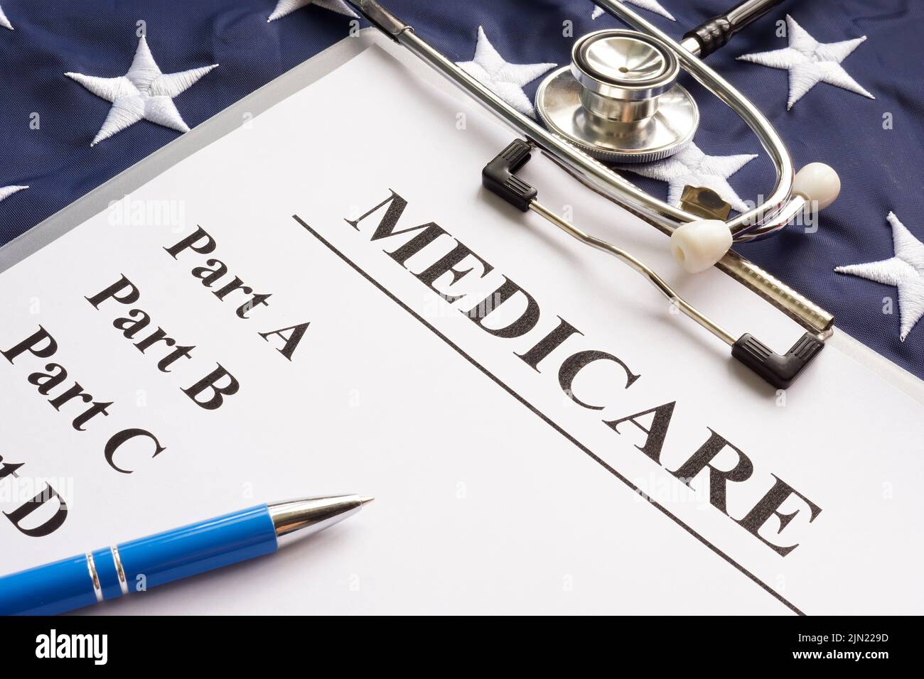 Medicare papers with different parts and flag. Stock Photo