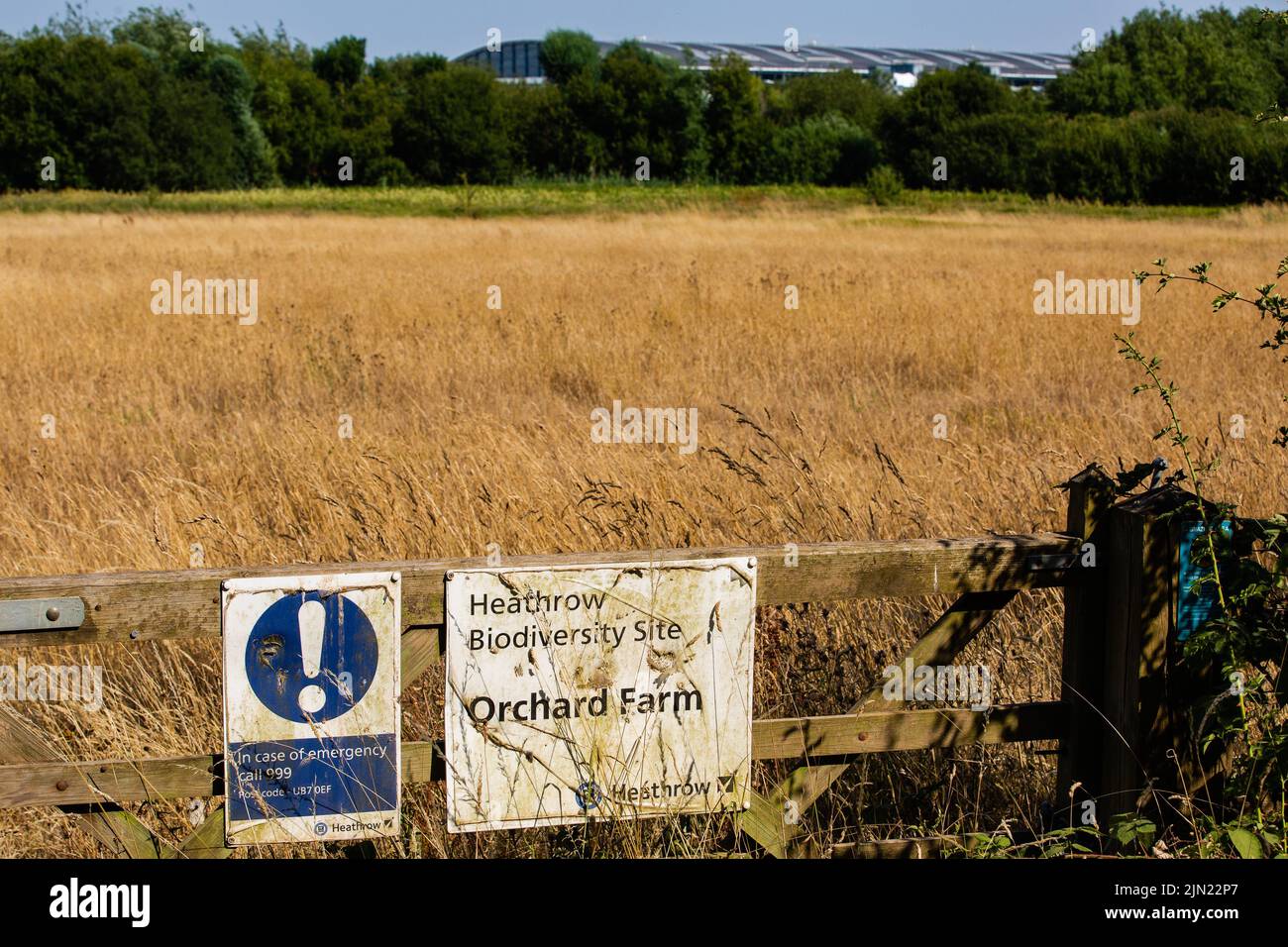 Colnbrook, UK. 19th July, 2022.  A Heathrow Biodiversity Site sign is pictured close to Terminal 5 of Heathrow airport. The Colne Valley Regional Park was founded in 1965 and stretches from Rickmansworth to Staines and the Thames and from Uxbridge and Heathrow to Slough and Chalfont St Peter. Credit: Mark Kerrison/Alamy Live News Stock Photo