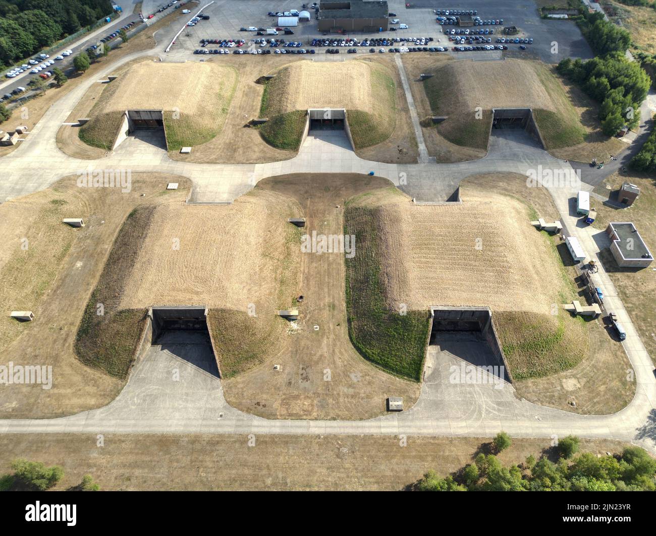 Hangars at the former RAF base at Greenham Common, Berkshire, England