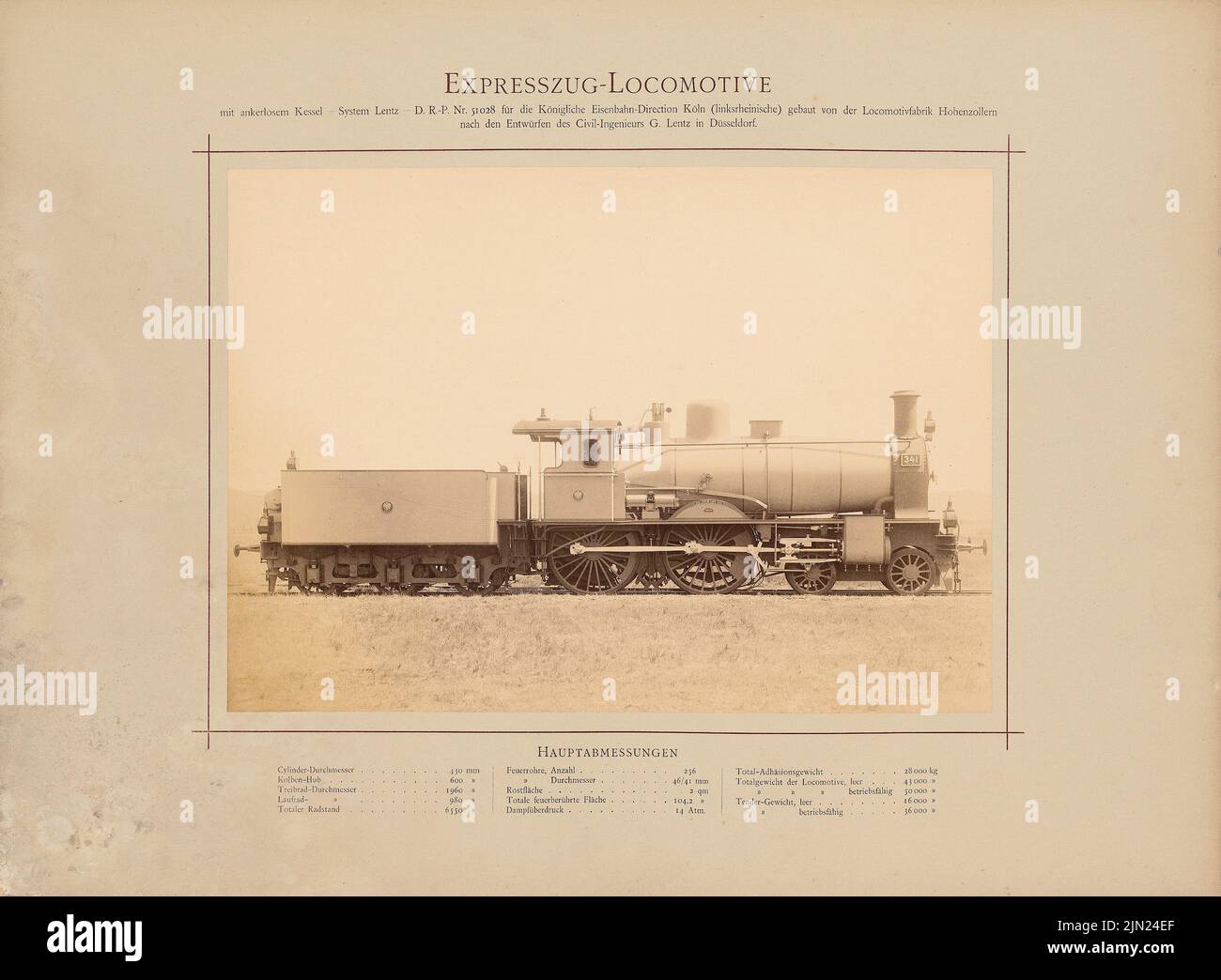 Lentz G., Express Zuglokomotive for the Royal Railway Directions Cologne (without Dat.): View: With anchorless boiler, D.R.-P-No. 51028, built by the Hohenzollern locomotive factory. Photo on cardboard, 47.8 x 65.1 cm (including scan edges) Stock Photo