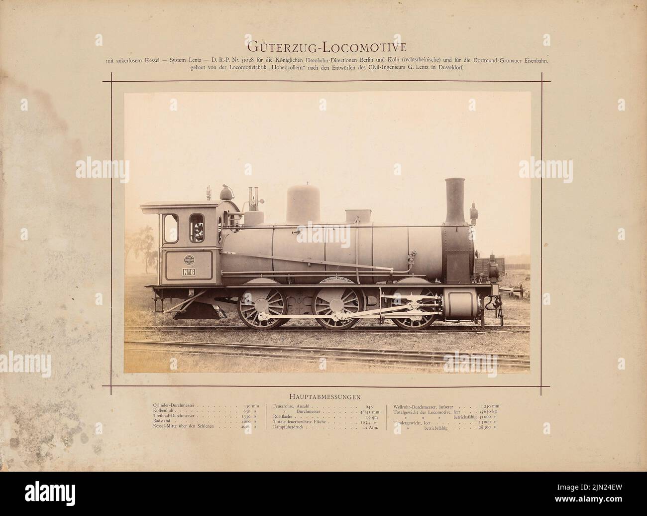 Lentz G., freight locomotive for the Royal Railway Directions in Berlin and Cologne and for the Dortmund-Gronau railway: View: With anchorless boiler, D.R.-P no. 51028, built by the Hohenzollern locomotive factory. Photo on cardboard, 47.8 x 65.7 cm (including scan edge). Stock Photo