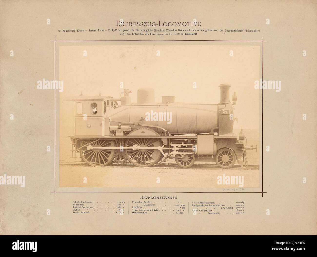 Lentz G., Express Zuglokomotive for the Royal Railway Directorate Cologne (without Dat.): View: With anchorless boiler, D.R.-P-No. 51028, built by the Hohenzollern locomotive factory. Photo on cardboard, 48.1 x 65 cm (including scan edges) Stock Photo