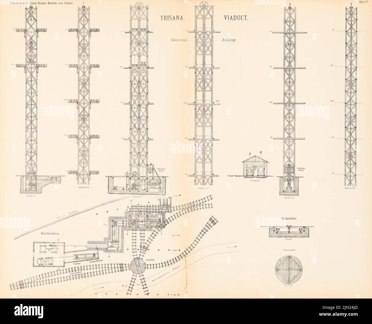 Brothers Redlich & Berger, Arlbergbahn: Landeck-St. Anton (without date): sheet 17: Trisana-Viaduct, cuts, floor plan 1: 100, details 1:50. Pressure on paper, 68.5 x 85.3 cm (including scan edges) Stock Photo