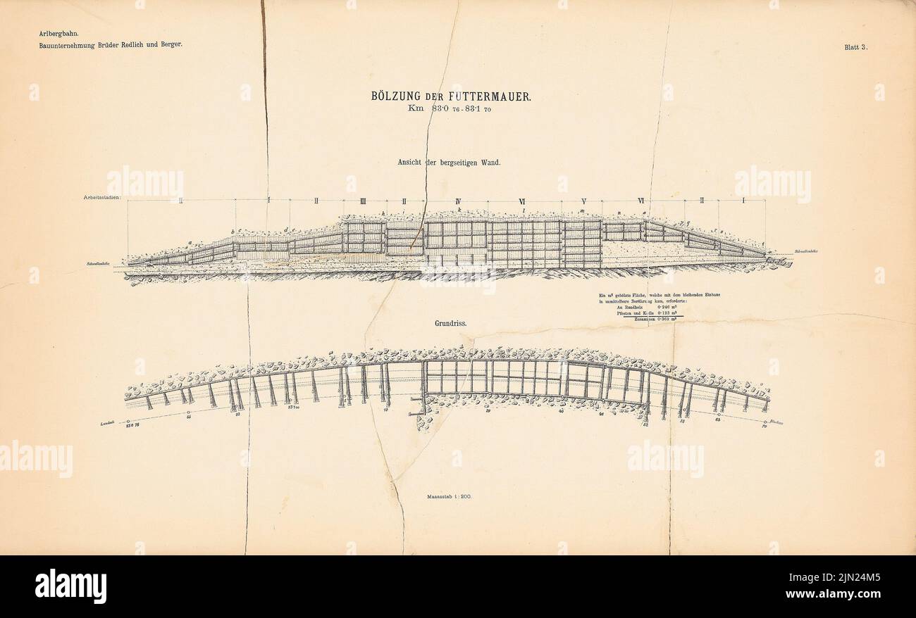 Brothers Redlich & Berger, Arlbergbahn: Landeck-St. Anton: sheet 3: Bölung of the feed wall, view, floor plan 1: 200. Pressure on paper, 42 x 69.3 cm (including scan edge). Stock Photo