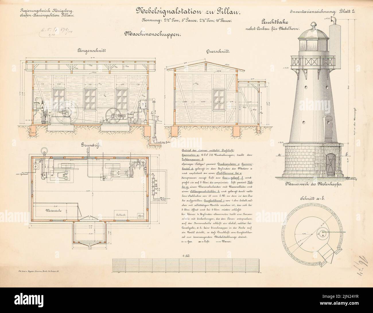 N.N., fog horn signal system, Pillau: machine shed, luminous bake: view, floor plan, cuts 1:50. Lithograph colored on paper, 42.2 x 54.7 cm (including scan edges) Stock Photo