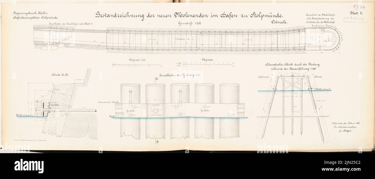 N.N., Hafen, Stolpmünde: New molen end: floor plan 1: 200, cuts 1: 100, details 1:10. Lithograph colored on paper, 33.7 x 82.3 cm (including scan edges) Stock Photo