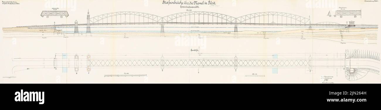 N.N., Road Bridge over the Memel, Tilsit: View, floor plan 1: 250, security gates 1: 100. Lithograph colored on the cardboard, 47.2 x 214.5 cm (including scan edges) Stock Photo