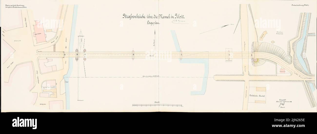 N.N., Road Bridge over the Memel, Tilsit: site plan 1: 500. Lithograph colored on cardboard, 49.7 x 139.7 cm (including scan edges) Stock Photo