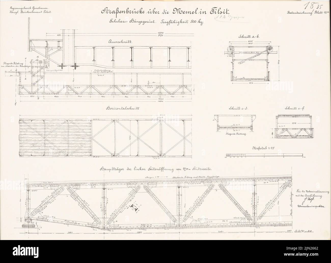 N.N., Road Bridge over the Memel, Tilsit: Mobile hanging scaffolding: cuts 1:25. Lithograph on cardboard, 50.1 x 69.2 cm (including scan edges) Stock Photo
