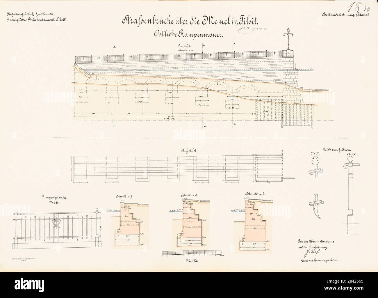 N.N., Road Bridge over the Memel, Tilsit: Eastern ramp wall: view, supervision, cuts 1: 100, railing 1:20, 1:10, 1: 5. Lithograph colored on cardboard, 49.7 x 69.2 cm (including scan edges) Stock Photo