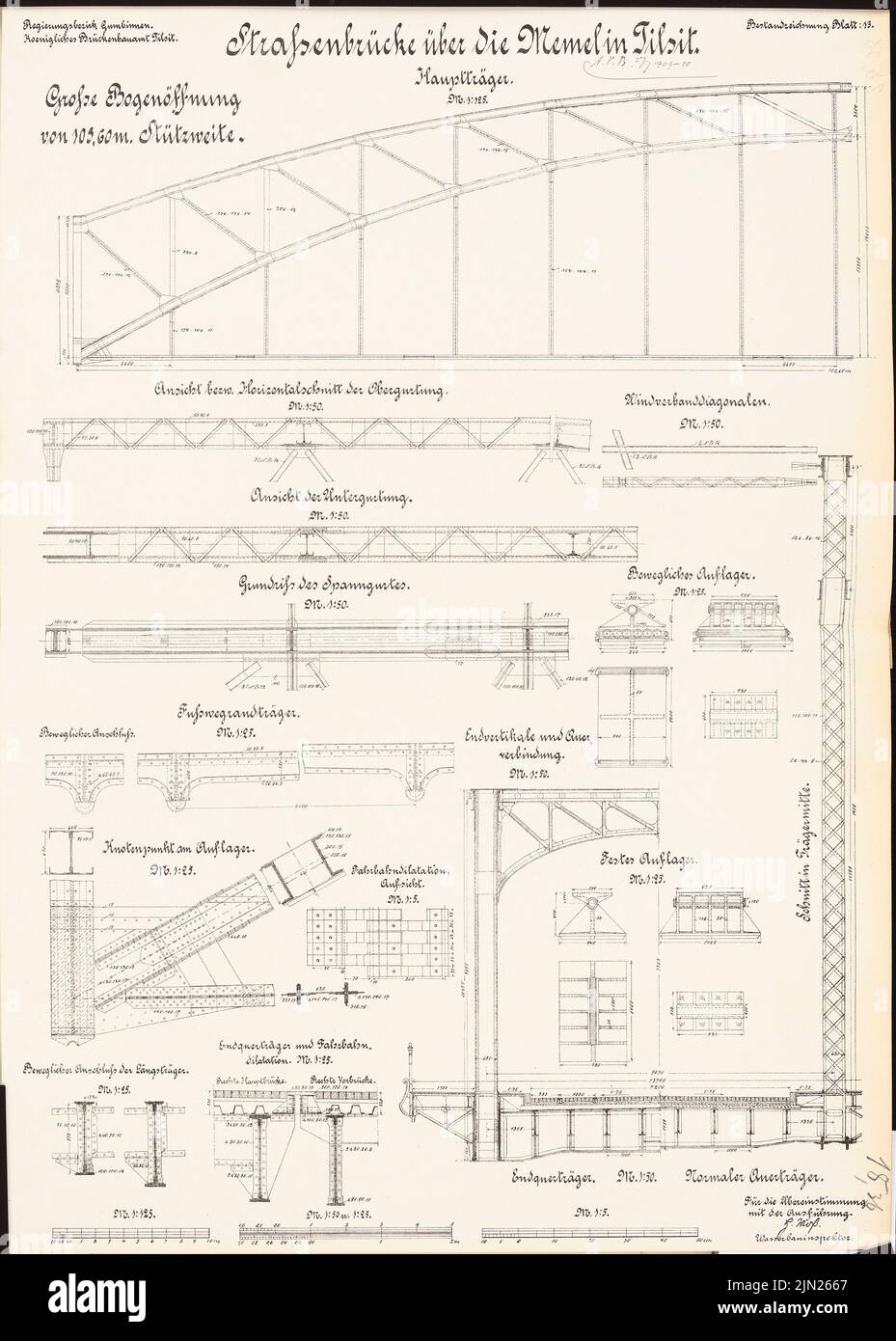 N.N., Road Bridge over the Memel, Tilsit: Large arch opening, carrier: views, floor plan, cuts 1: 125, 1:50, 1:25, 1: 5. Lithography on cardboard, 69.8 x 50 cm (including scan edges) Stock Photo