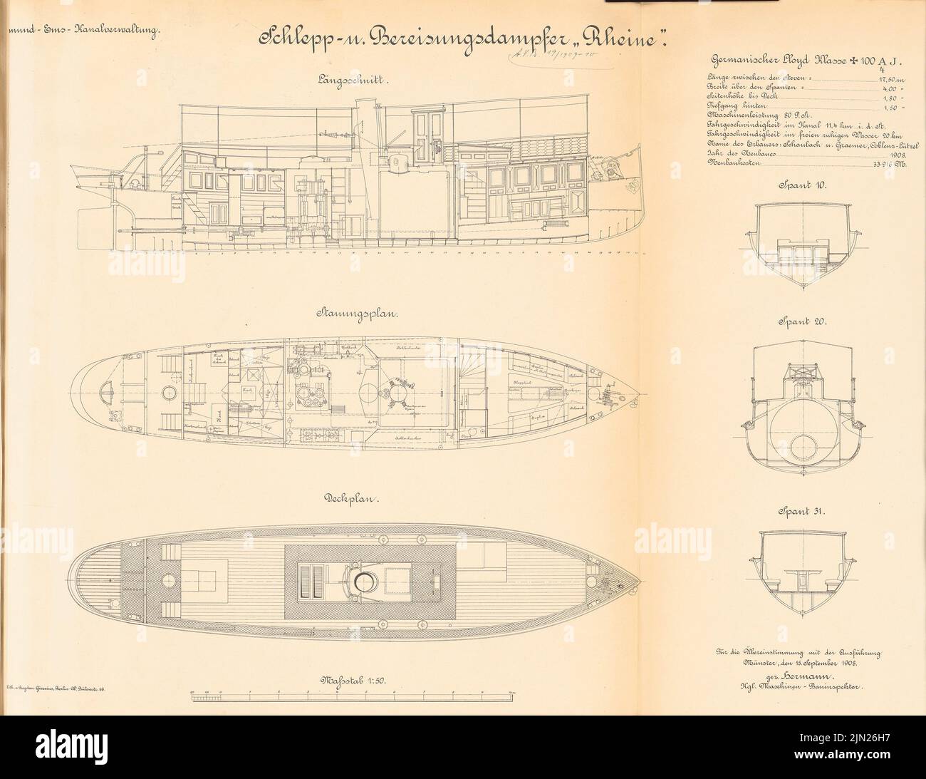 N.N., towing and driving steamer »Rheine« cuts, floor plan 150