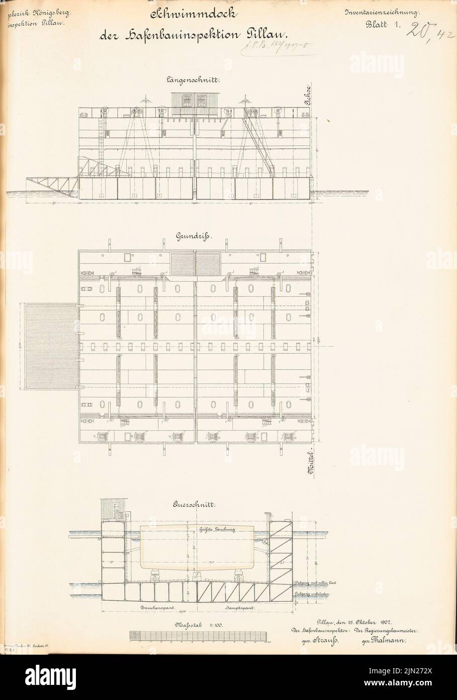 N.N., swimming dock of the port construction inspection, Pillau: floor plan, cuts 1: 100. Lithograph colored on paper, 62.3 x 43.6 cm (including scan edges) Stock Photo