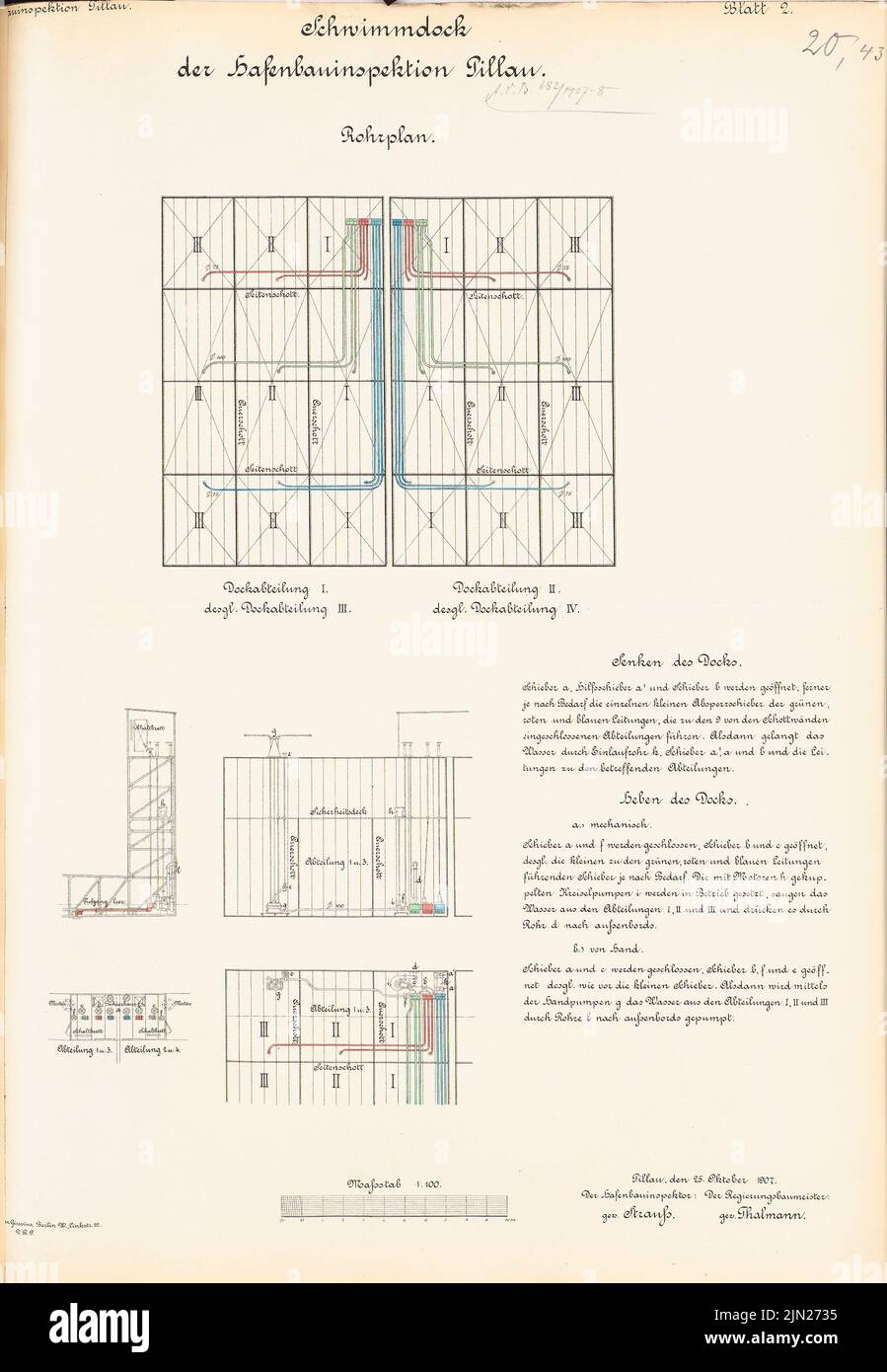 N.N., swimming dock of the port construction inspection, Pillau: pipe plan 1: 100. Lithograph colored on paper, 62.3 x 43.1 cm (including scan edges) Stock Photo