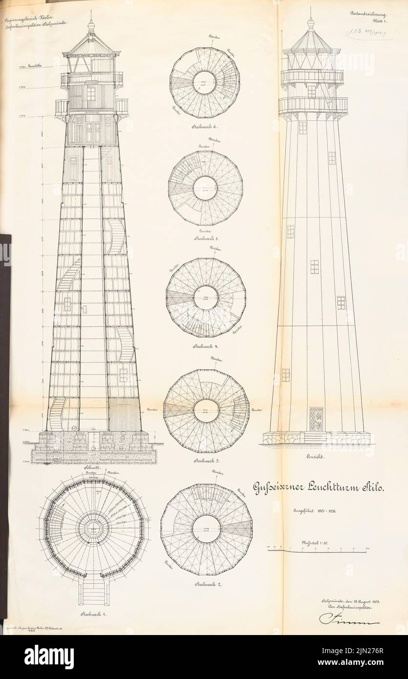 N.N., luminous tower and fog signal system Stilo, Sasino: View, cuts 1:50. Lithograph on paper, 98 x 63 cm (including scan edges) Stock Photo