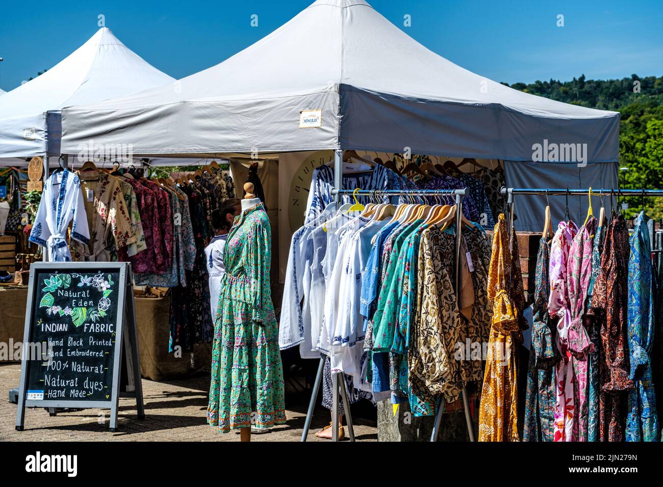 Dorking, Surrey Hills, London UK, July 07 2022, Market Traders Stall Selling Coulorful Women Clothing Stock Photo