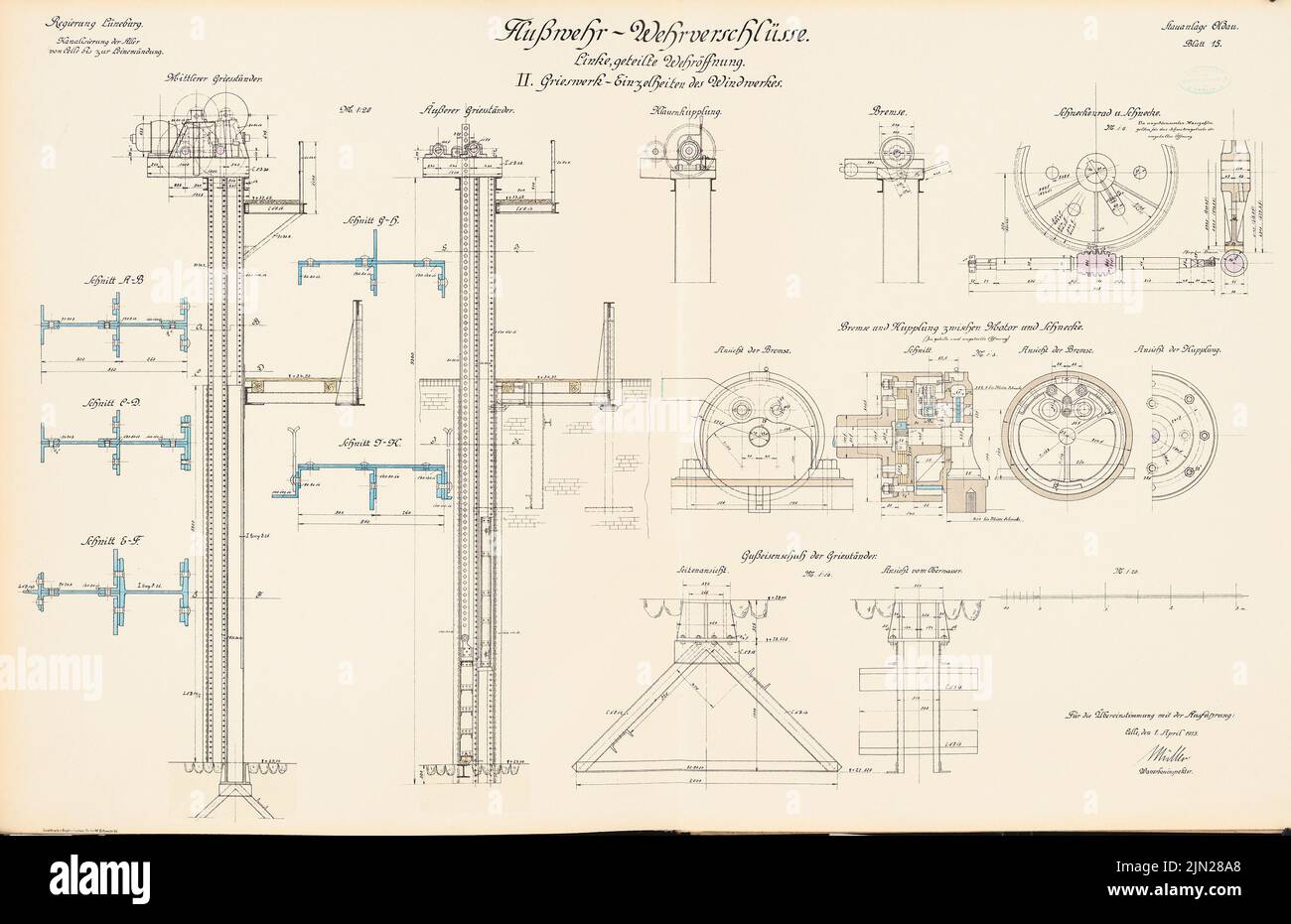 N.N., Canalization of the Aller. River Wehr - Wehrschlings, Oldau: Left -wing divided military opening, Grieswerk: Views, cuts 1:20. Lithograph colored on the box, 63.5 x 98.2 cm (including scan edges) Stock Photo