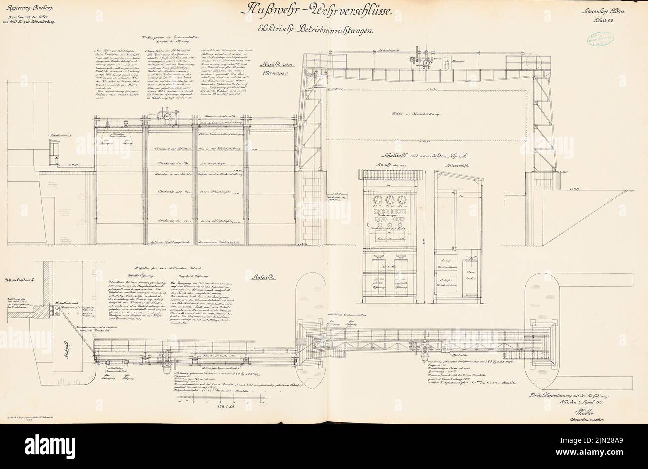 N.N., Canalization of the Aller. River Weir - military closures, Oldau: Electrical operating facilities: views, supervision 1:50. Lithograph on cardboard, 63.4 x 96.8 cm (including scan edges) Stock Photo